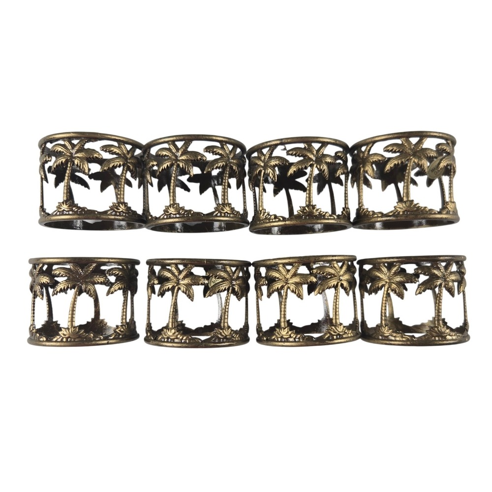 Palm Tree Brass Gold Tone Metal Napkin Rings Tropical Coastal Set of 8